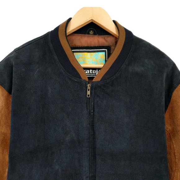 Vintage Stratojac Suede Leather Two-Tone Bomber Jacket Paneled Black Tan Men's M - Picture 2 of 8